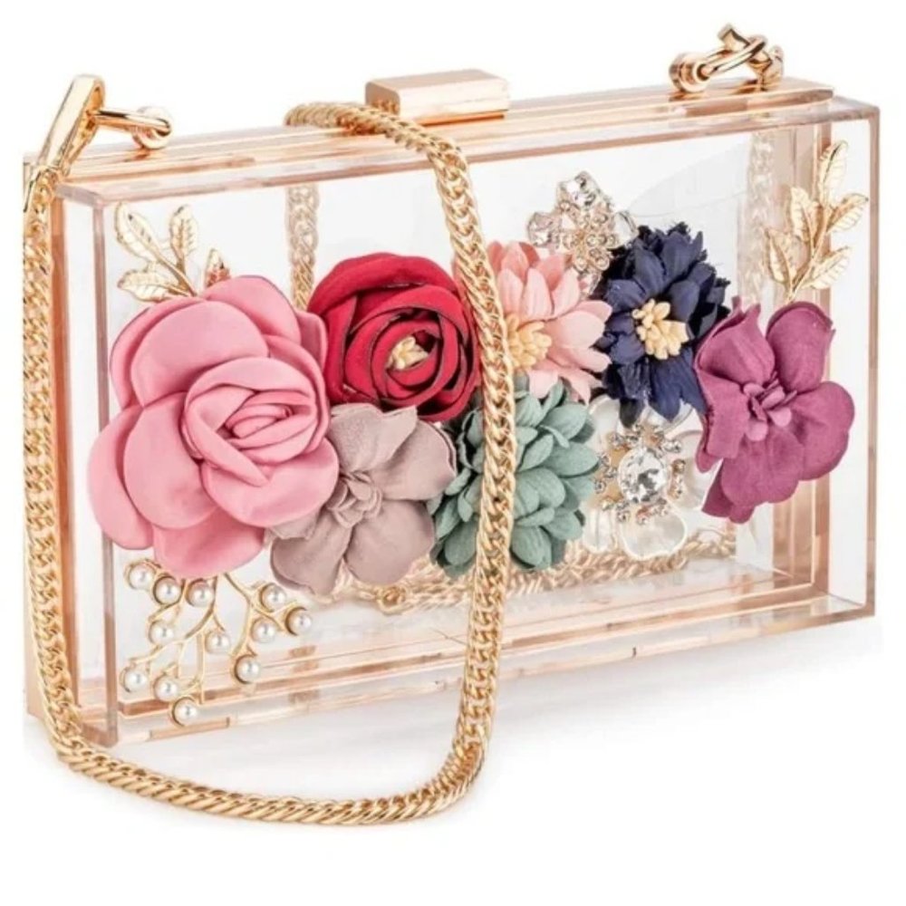 Floral Embellished Clear Clutch with Gold Chain